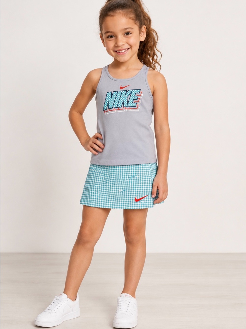 Nike Girls Light Blue Gingham Athletic Skort w/coordinating tank top 6X